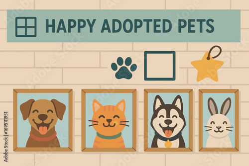 Sheltered Pets Memory Wall. Horizontal artwork with shelter showing happy adopted pets wall and memory icon set for photo grid,