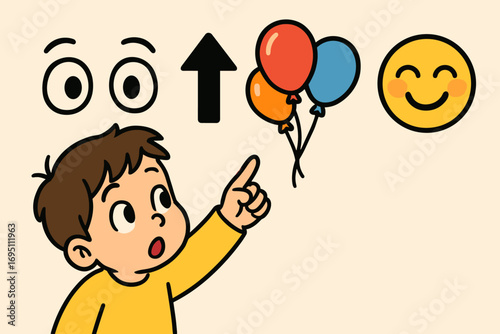 Child's Balloon Delight. Horizontal composition showing child pointing at balloons and wonder icon set for eyes wide, up arrow,