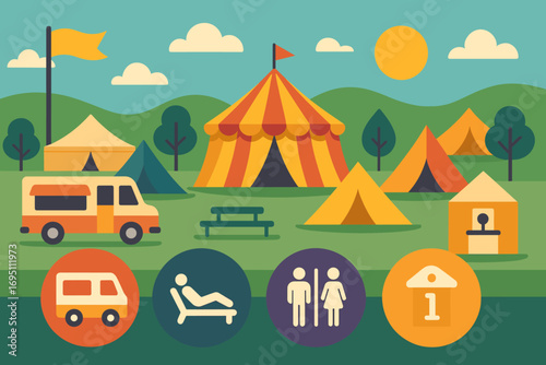 Festival Grounds Icons. Flat design banner featuring festival grounds full of tents and amenities icon set for food truck, rest