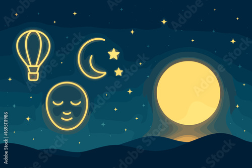 Moonlit Dreams. Horizontal vector artwork of moon rising during night glow and dream icon set for glowing balloon, quiet face,