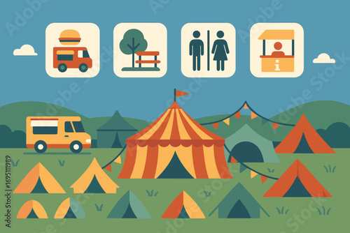 Festival Grounds Icons. Flat design banner featuring festival grounds full of tents and amenities icon set for food truck, rest