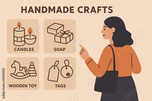 Artisan Goods Display. Creative vector layout with woman browsing handmade crafts and artisan goods icon set for candles, soap