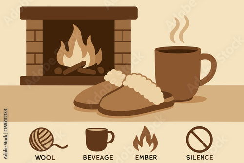 Cozy Hearth Relaxation. Vector layout showing slippers and steaming mug by hearth and slow living icon set for wool, beverage,