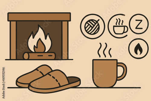 Cozy Hearth Relaxation. Vector layout showing slippers and steaming mug by hearth and slow living icon set for wool, beverage,