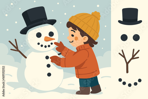 Snowman Decoration Fun. Modern banner depicting child decorating snowman and personalization icon set for hat, eyes, twig arms and