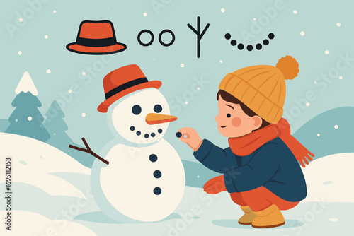 Snowman Decoration Fun. Modern banner depicting child decorating snowman and personalization icon set for hat, eyes, twig arms and