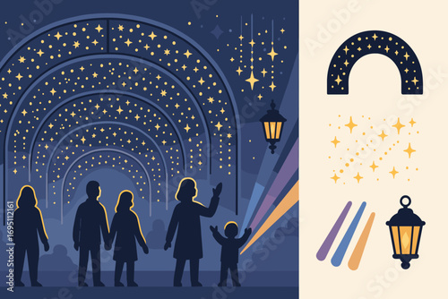 Light Tunnel Admiration. Vector strip showing people admiring light tunnel and decor icon set for arch lights, sparkle trails,