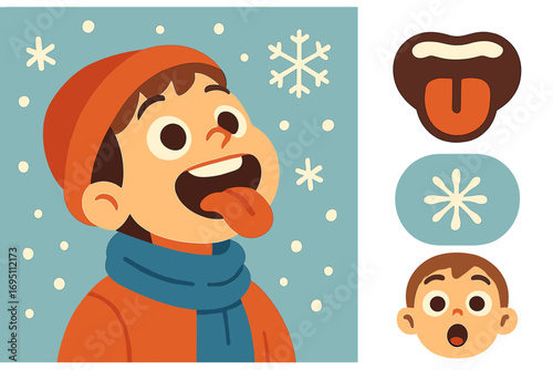 Joyful Snowflake Catch. Stylized flat vector of boy catching snowflakes with tongue and childlike joy icon set for open mouth,