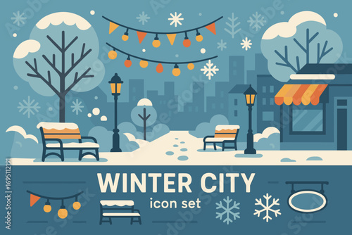 Festive Winter Avenue. Flat design banner featuring snowy avenue with decorations and winter city icon set for garlands, benches,