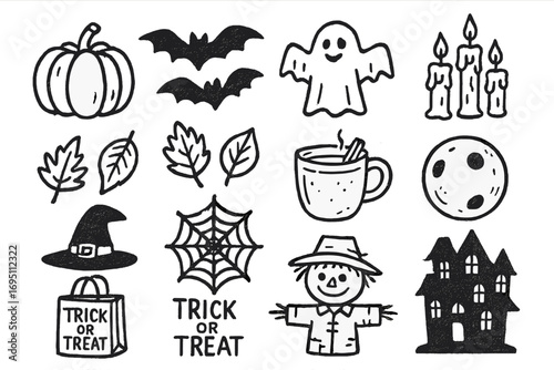 October Doodle Icons. October doodle icon set: hand drawn icons of pumpkins, bats, Halloween costume, spooky candles, falling