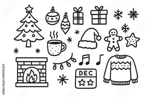 December Doodle Icons. December doodle icon set: hand drawn icons of Christmas tree, ornaments, gift boxes, snowflakes, hot