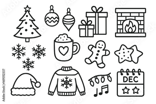 December Doodle Icons. December doodle icon set: hand drawn icons of Christmas tree, ornaments, gift boxes, snowflakes, hot