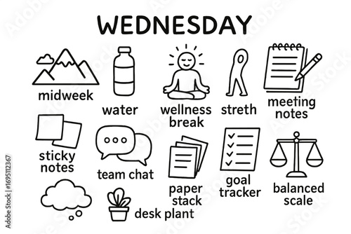 Midweek Wellness Icons. Wednesday doodle icon set: hand drawn icons of midweek mountain, water bottle, wellness break, meeting