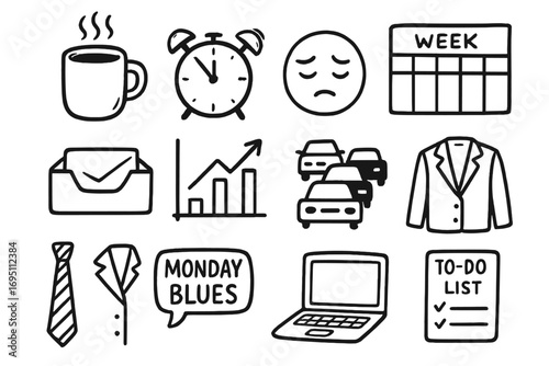 Monday Doodle Icons. Monday doodle icon set: hand drawn icons of coffee mug, alarm clock, sleepy face, weekly planner, inbox icon,