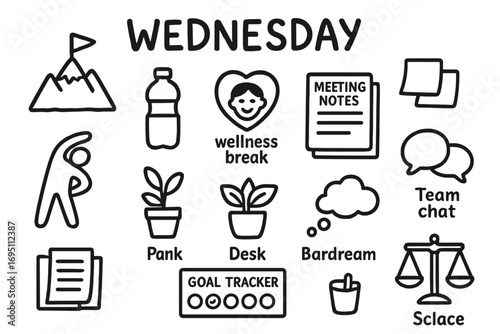 Midweek Wellness Icons. Wednesday doodle icon set: hand drawn icons of midweek mountain, water bottle, wellness break, meeting