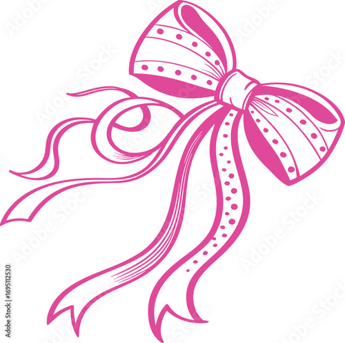 Classic Coquette Bow with Elegant Ribbon Loops and Flowing Tails Vector, Elegant Ribbon Bow with Graceful Loops and Tails Illustration, Vintage Coquette Style Ribbon Bow Decorative Design
