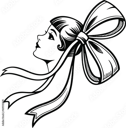 Classic Coquette Bow with Elegant Ribbon Loops and Flowing Tails Vector, Elegant Ribbon Bow with Graceful Loops and Tails Illustration, Vintage Coquette Style Ribbon Bow Decorative Design