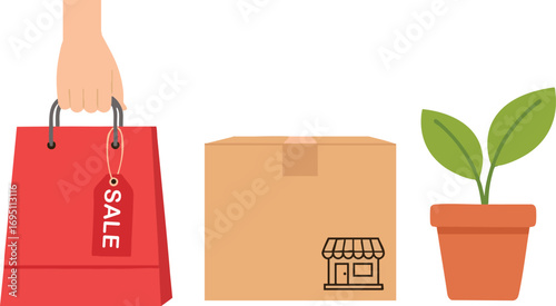 Collection of flat vector icons symbolizing retail and modern e commerce. Features a hand holding a sale bag, a box for shipping and a plant for sustainable commerce