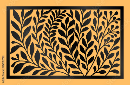 Decorative grid ornamental design with silhouettes of intertwined branches and leaves for interior decoration