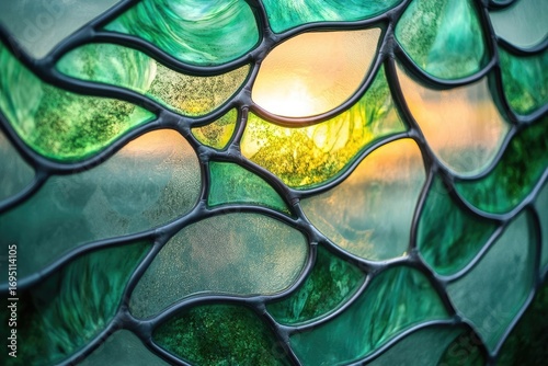 Close-up of a stained glass window depicting a sunset through organic green shapes.