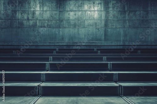 Empty bleachers against a textured concrete wall, conveying a sense of stillness and anticipation.