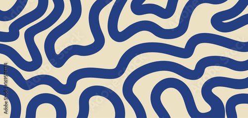 Abstract pattern with wavy blue lines. Vector illustration. Retro styled groovy print with curved design on beige background