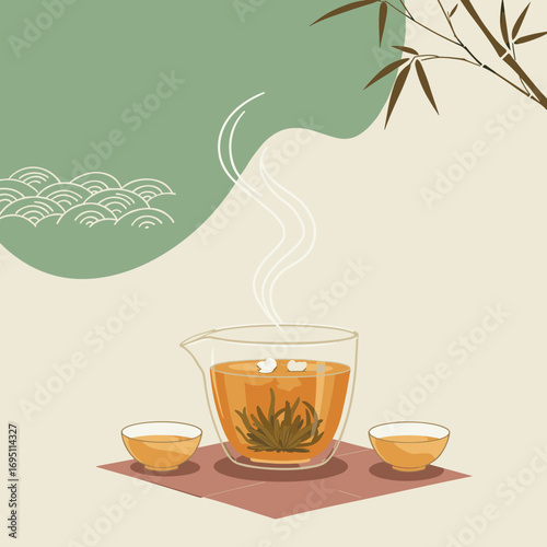 Jasmine tea in glass gaiwan with gentle steam in contemporary Chinese style, light elegant vector illustration on soft rice-colored tea cloth