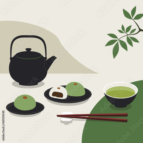 Green tea and wagashi sweets in Japanese minimal style, clean elegant vector illustration with soft color blocks, harmonious asymmetry and negative space