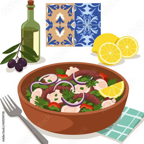 Octopus salad with red onions and parsley in ceramic bowl in vibrant Mediterranean Portuguese style, clean flat vector illustration with strong shapes and defined edges