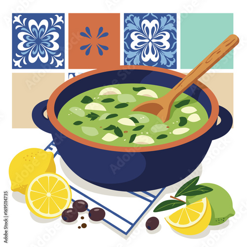 Caldo verde in deep bowl with wooden spoon in vibrant Mediterranean Portuguese style, clean flat vector illustration with strong shapes and defined edges