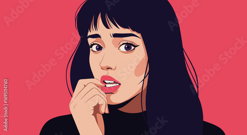 Woman biting lip nervously with anxious thoughtful mood, clean flat vector illustration, close-up three-quarter view, minimalist style with bold color blocks on solid background