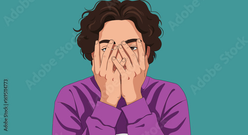 Teen hiding face behind hands with shy introspective mood, clean flat vector illustratio, minimalist style with bold color blocks on solid background