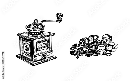 Manual coffee grinder and coffee beans with nuts on white background. Vector illustration. Ink line draw vector. Drawing engraving illustration