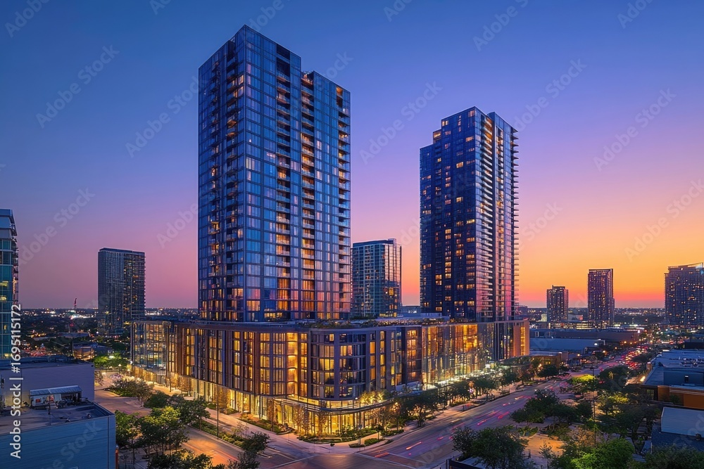 Obraz premium Two modern high-rise residential buildings at sunset, illuminated, surrounded by city lights.