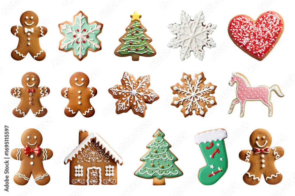 Fototapeta premium PNG Festive decorated gingerbread cookies, element set on transparent background
