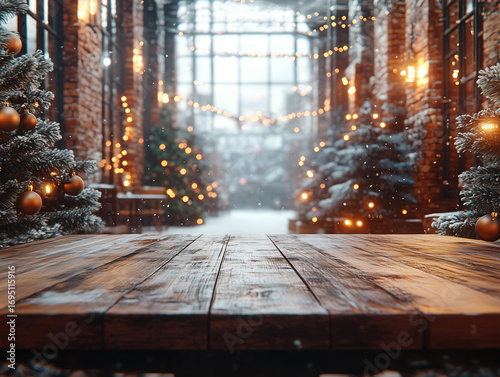 Pusty, drewniany stół na pierwszym planie, oświetlony ciepłymi lampkami. W tle widać świąteczny, zimowy krajobraz z choinkami i padającym śniegiem, co tworzy magiczny, bożonarodzeniowy klimat. © Silent26
