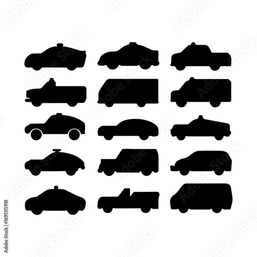 Diverse silhouettes of vehicles in various shapes and sizes create a lively visual display suitable for transportation themes