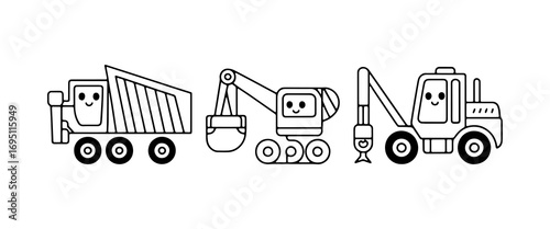 Construction vehicles with smiling faces working together at a busy site during daylight hours