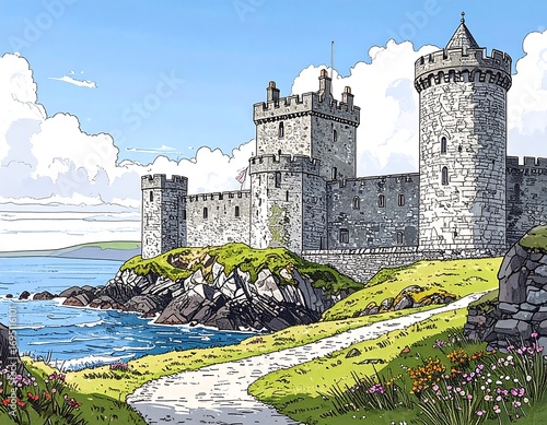 Coastal castle landscape illustration