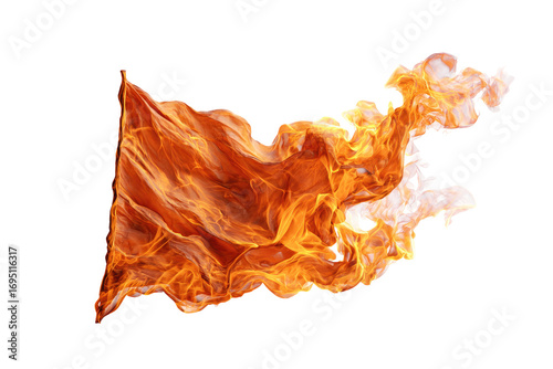 Abstract fiery fabric design.  Flames in orange and white, rippling and flowing in a large, irregular shape, resembling a flag or banner