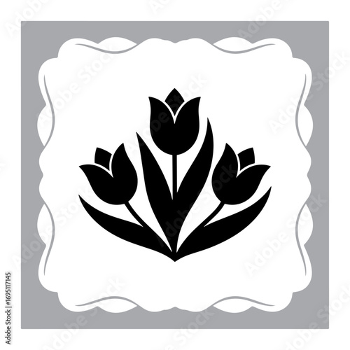 Elegant Rose Floral Emblem Three Tulip Blooms in Full Silhouette within Gray Fanciful Border Design