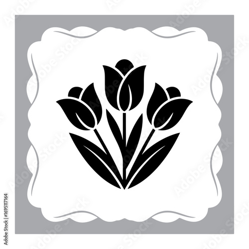 Elegant Rose Floral Emblem Three Tulip Blooms in Full Silhouette within Gray Fanciful Border Design
