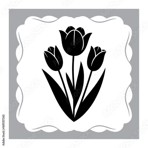 Elegant Rose Floral Emblem Three Tulip Blooms in Full Silhouette within Gray Fanciful Border Design