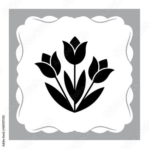 Elegant Rose Floral Emblem Three Tulip Blooms in Full Silhouette within Gray Fanciful Border Design