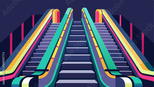 A line of brightly lit escalators leading to different levels