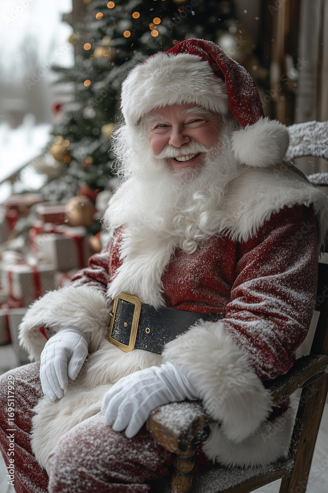 Obraz premium Szczęśliwy Mikołaj w tradycyjnym stroju z czerwoną czapką i białą brodą, siedzi na werandzie, a w tle widać prezenty, zaśnieżone drzewa i dom. Tworzy to radosny, świąteczny obrazek.