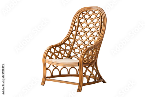 Elegant handcrafted rattan armchair with a high curved backrest. Natural woven wicker lounge chair furniture design isolated on a clean white background for home decor