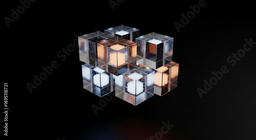 Abstract cube structure made of transparent blocks with glowing inner lights, creating a modern and futuristic composition on