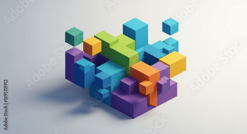 Isometric arrangement of colorful cubes creates a playful and modern composition