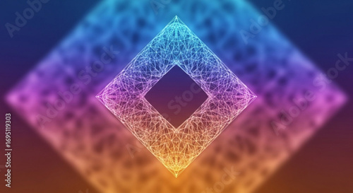 Abstract geometric diamond shape with intricate line art design and vibrant gradient colors for modern background